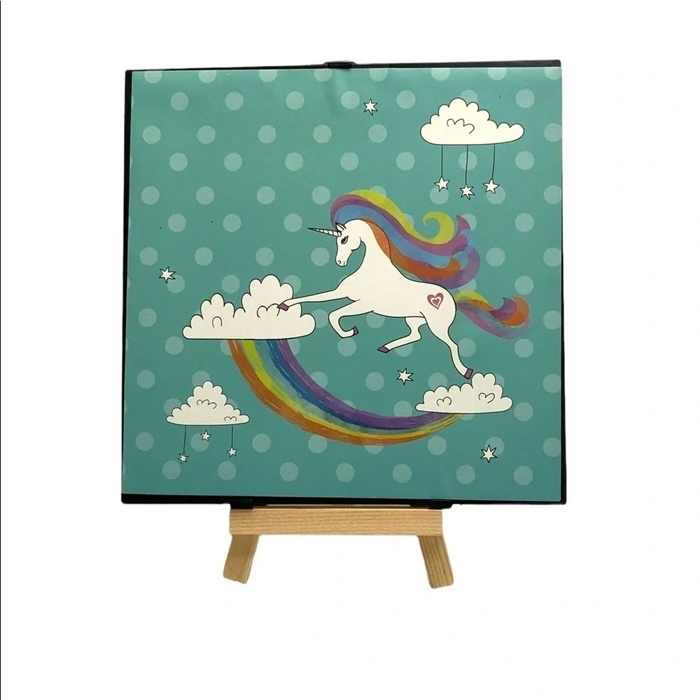 Unicorn Piggy Bank Clear View Front Rainbow Polka Dots Square 6 in x 6 in